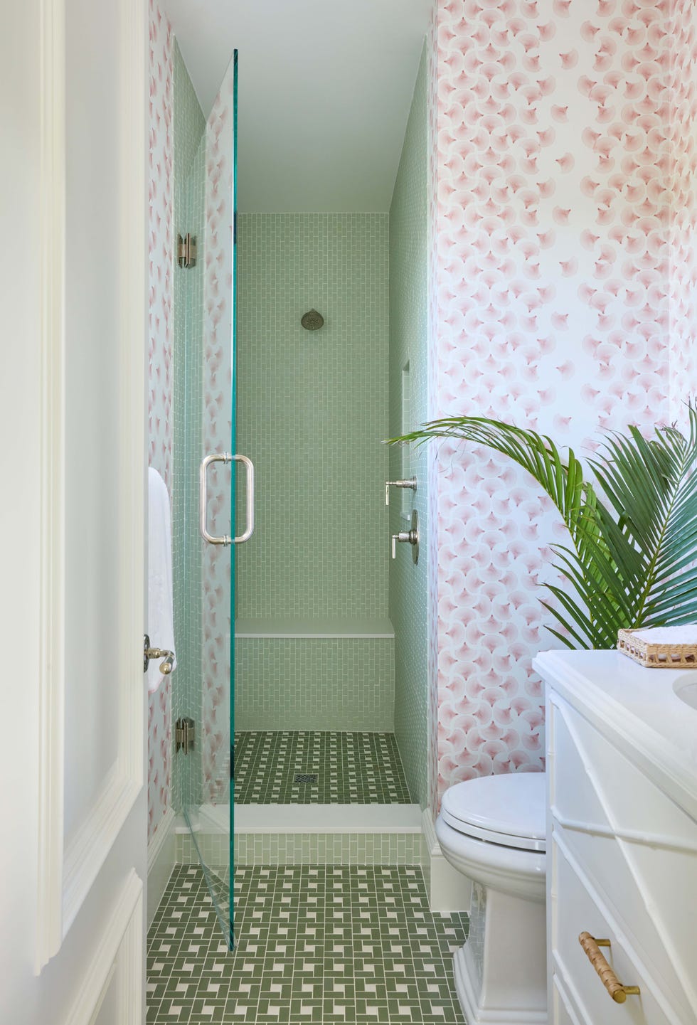 a bathroom with a shower curtain