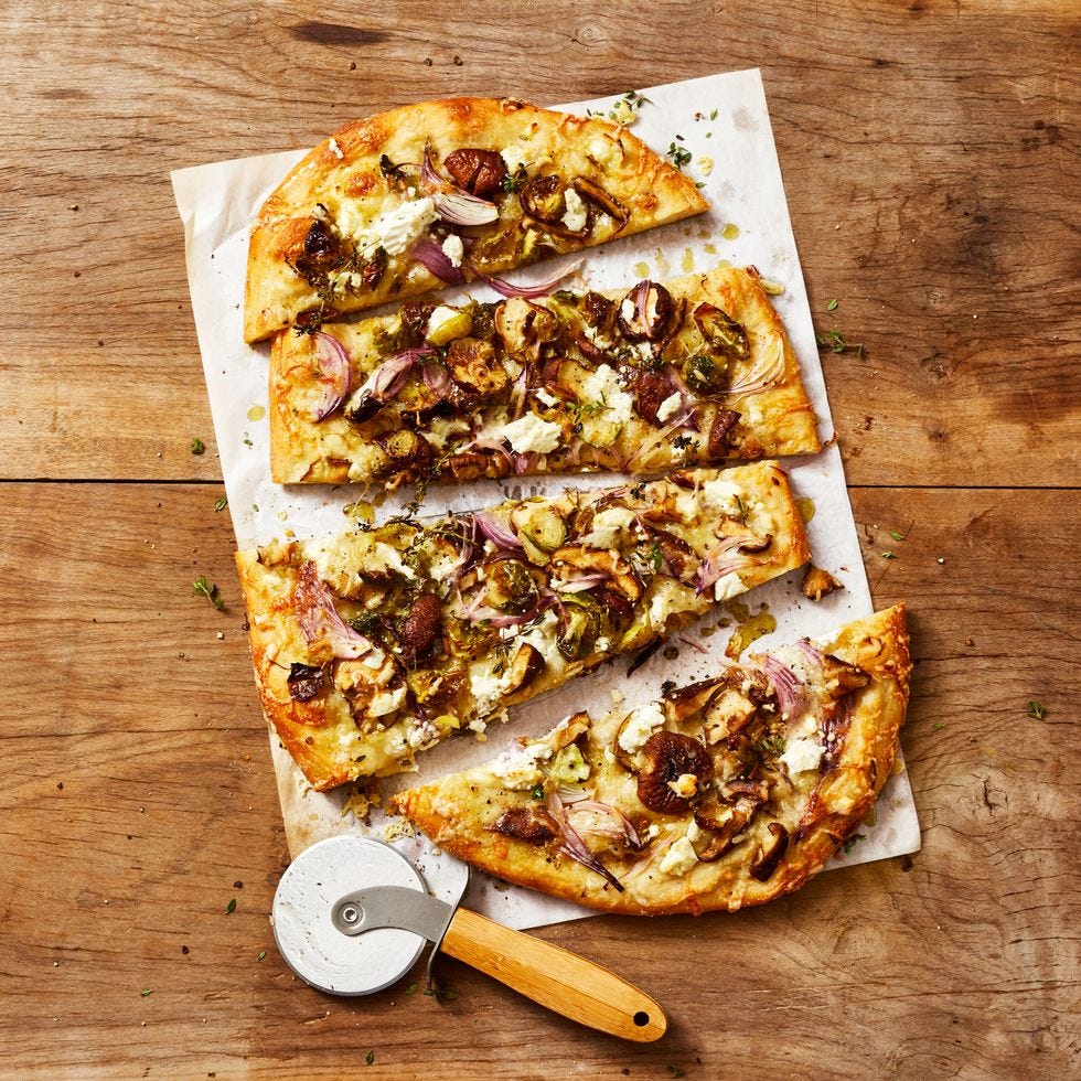 mushroom and brussels sprouts pizza