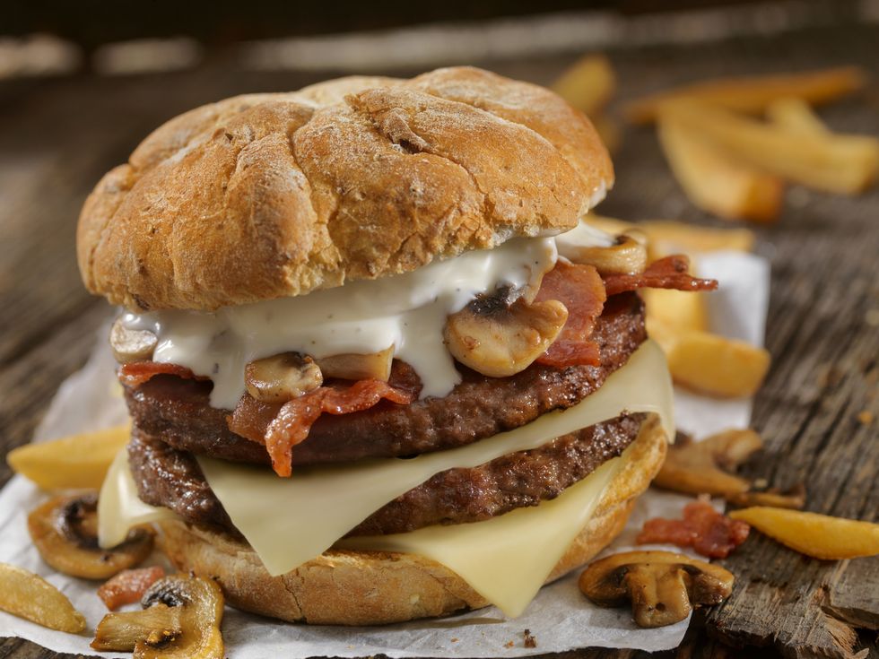 mushroom, bacon, swiss burger with blue cheese dressing