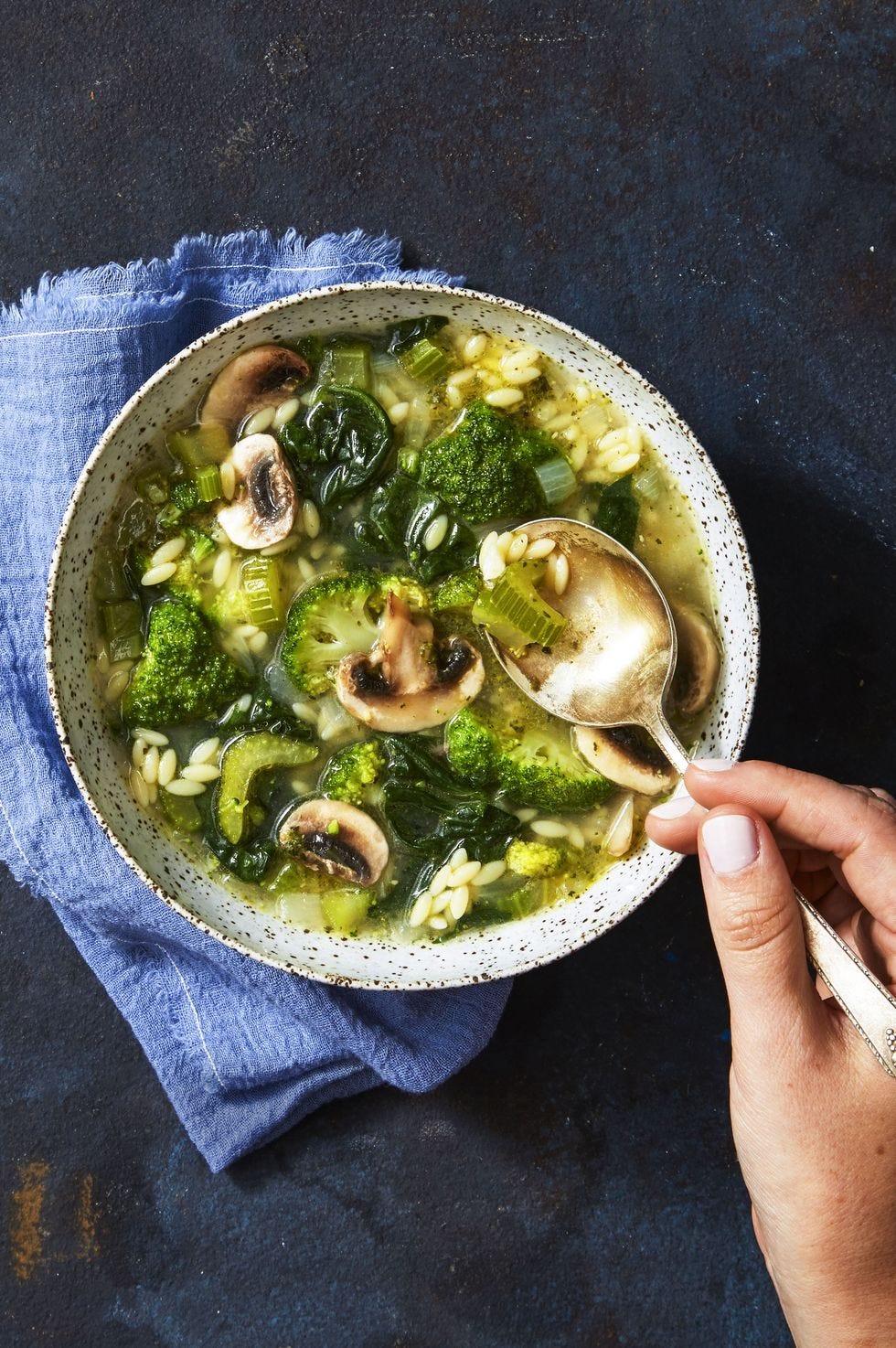 mushroom and orzo soup in a bowl