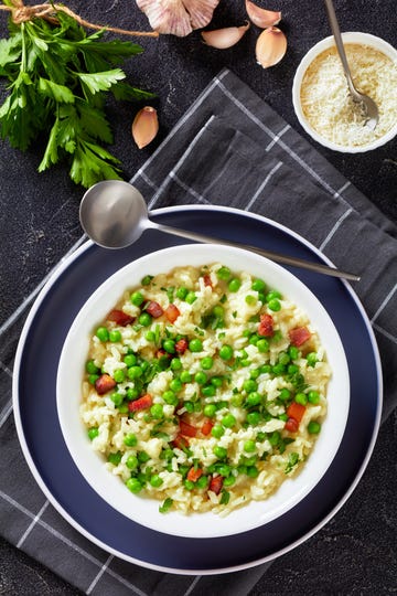 mushroom, pea, bacon risotto