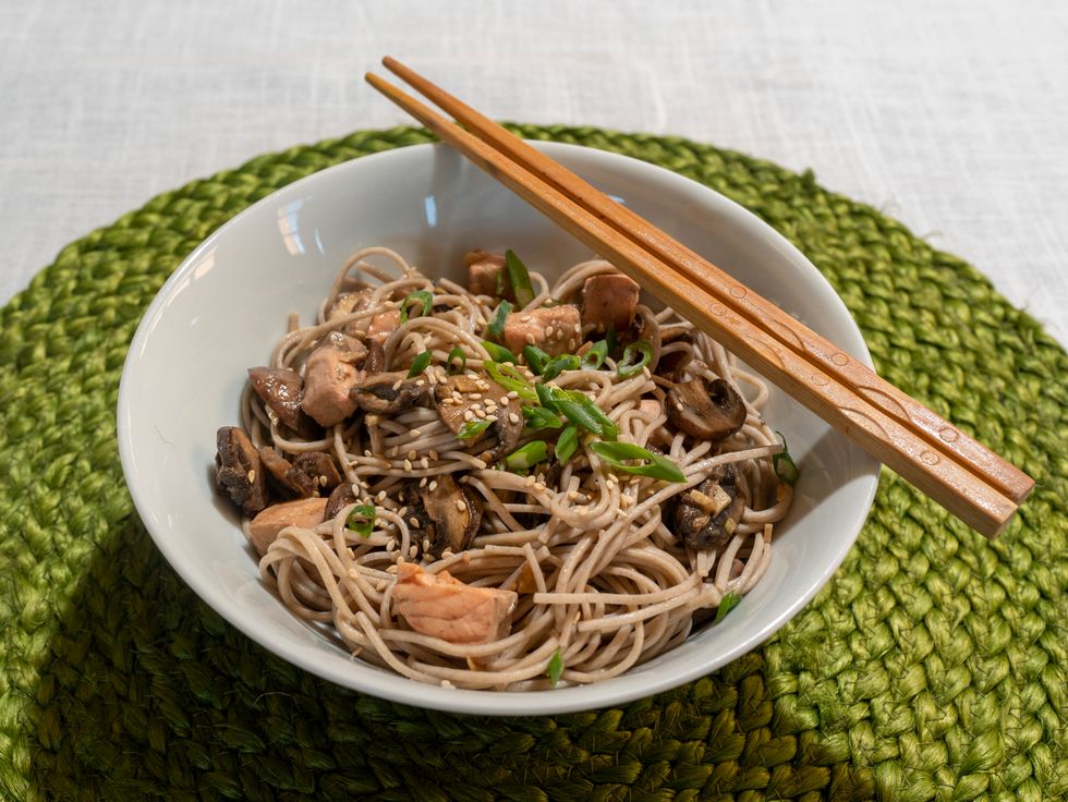 mushroom salmon noodles with chopsticks, easy pasta recipes