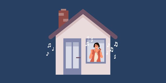 illustration of woman in house listening to music