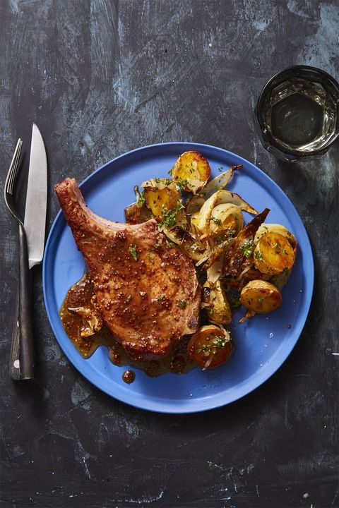 mustard glazed pork chops with a side of potatoes