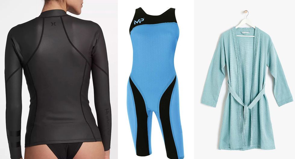 Clothing, One-piece swimsuit, Blue, Sleeve, Turquoise, Aqua, Wetsuit, Sportswear, Shoulder, Neck, 