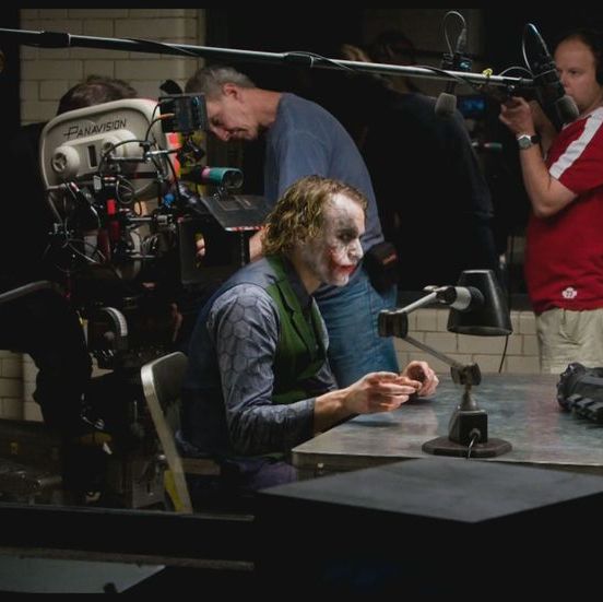 christopher nolan, heath ledger and christian bale on the set of 'the dark knight', 2008
