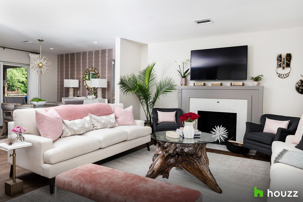 Living room, Room, Furniture, Interior design, Property, Couch, Wall, Home, Pink, Table, 