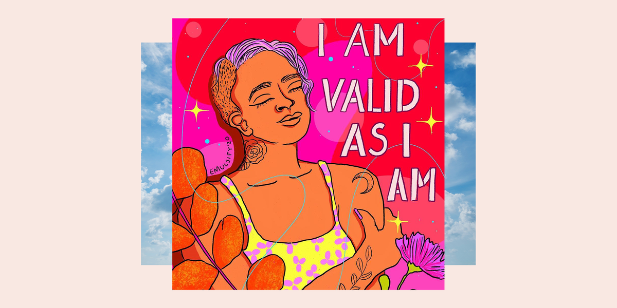 colorful illustration of a non binary person with the letteringtext "i am valid as i am"