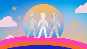 paper cutout of kids holding hands with illustrative elements