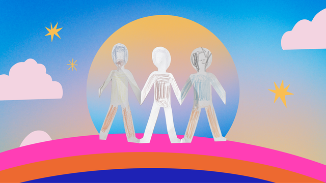 paper cutout of kids holding hands with illustrative elements