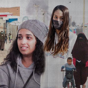 a collage image of a detention camp, shamima begum and hoda muthana