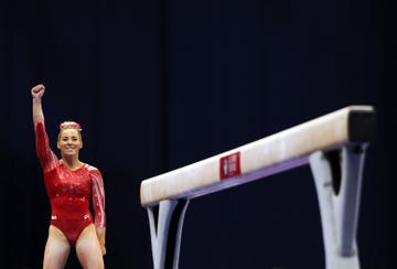 st louis, missouri   june 25  mykayla skinner reacts after landing her dismount off the balance beam during the women's competition of the 2021 us gymnastics olympic trials at america’s center on june 25, 2021 in st louis, missouri photo by jamie squiregetty images