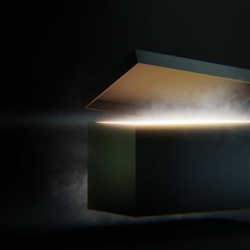 mysterious pandora box opening with rays of light, high contrast image 3d rendering, illustration