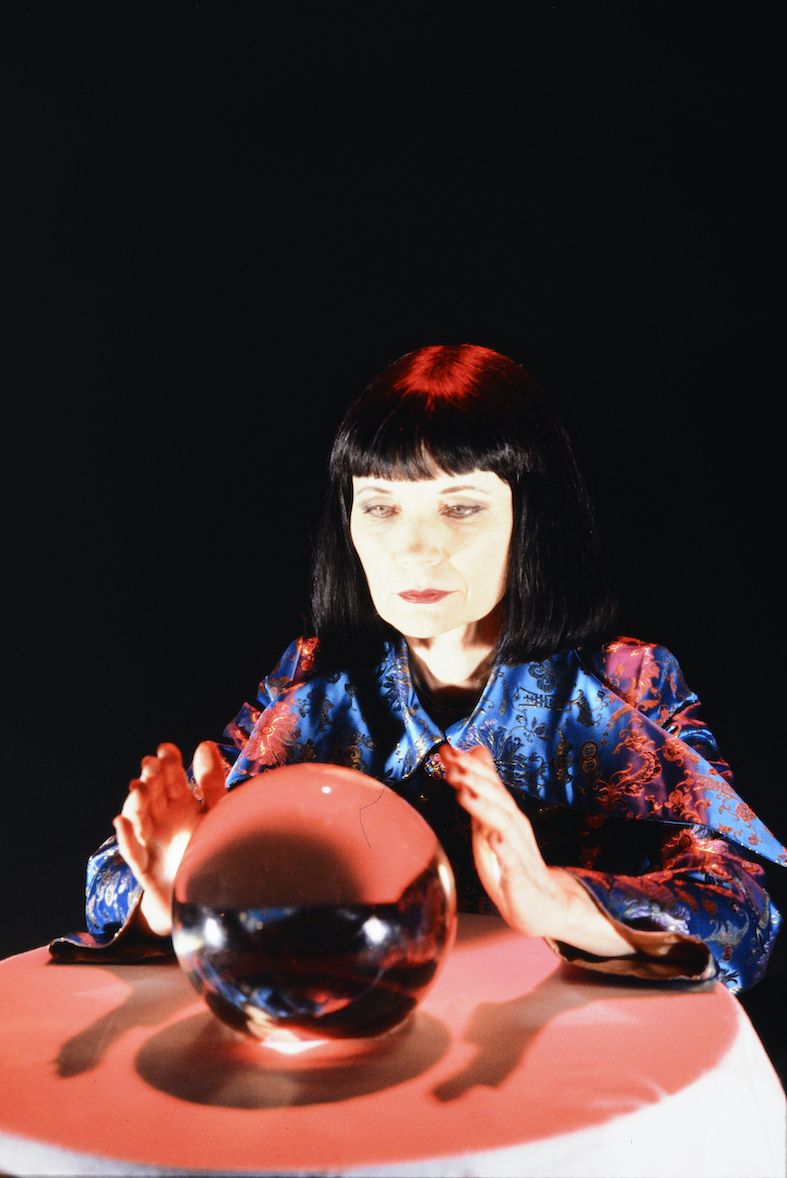 mystic meg gazing into a crystal ball as part of a sketch show for red nose day 1997
