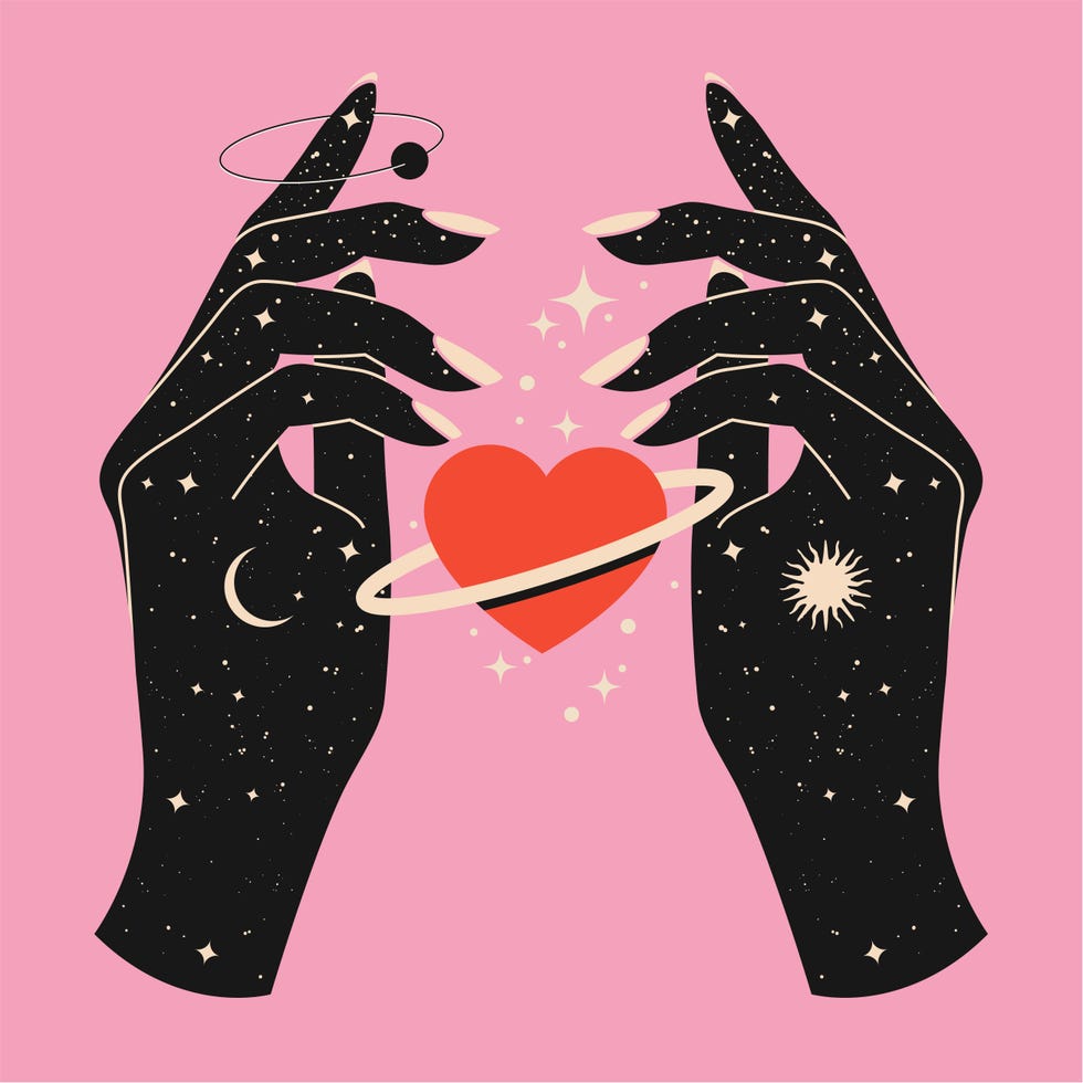 mystical celestial woman hands with starry space texture and red heart between them as metaphor of love or hope spiritual mystical concept for poster or t shirt esoteric magic vector illustration