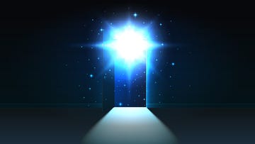 mystical light from the open door of a dark room, open space, cosmos, background, discovery, abstract glowing exit, mock up