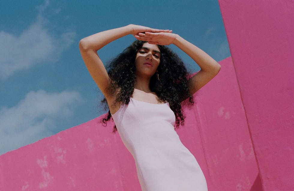 Shoulder, Pink, Clothing, Beauty, Dress, Photo shoot, Arm, Hairstyle, Model, Fashion, 