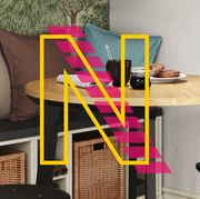 Furniture, Table, Chair, Room, Pink, Yellow, Interior design, Material property, Desk, Auto part, 