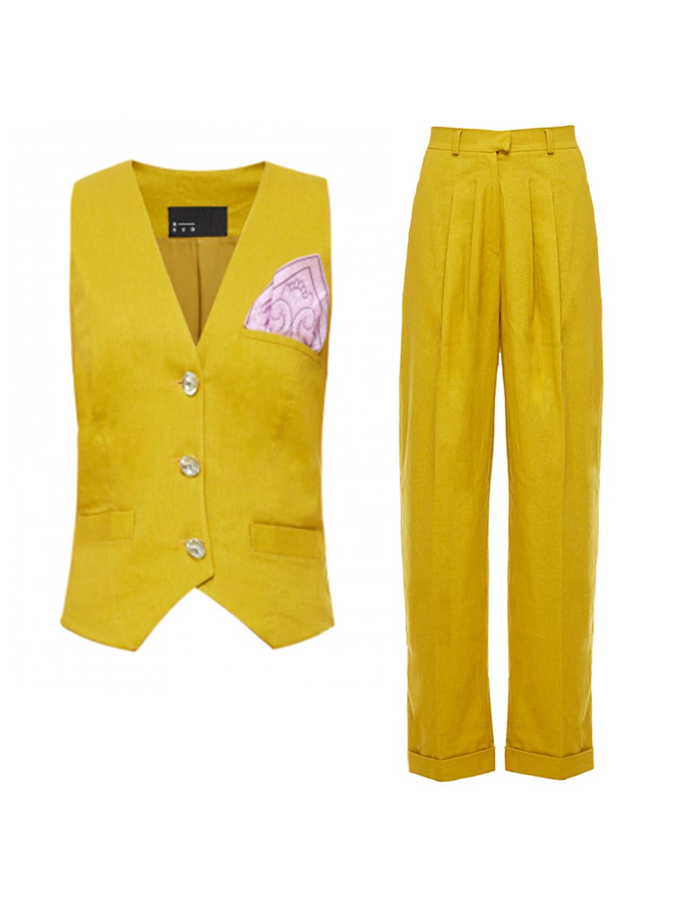 Clothing, Yellow, Outerwear, Button, Suit, Trousers, Formal wear, Sleeve, Blazer, Jacket, 