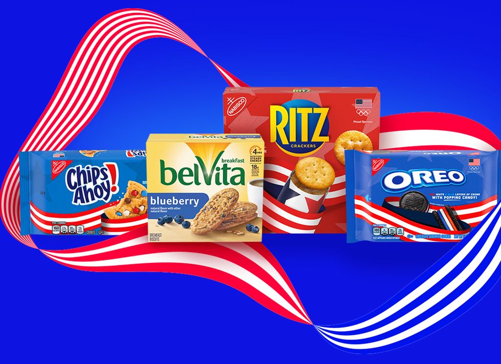 nabisco oreo team usa red, white, and blue popping candy cookies, chips ahoy, and ritz