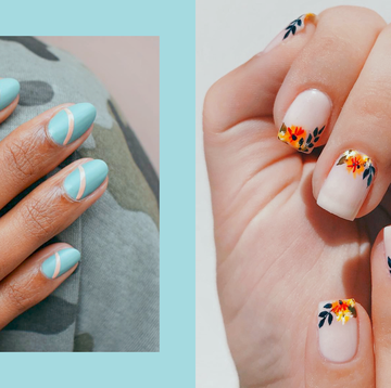 almond shaped nails with blue nail polish and square shaped nails with a floral manicure