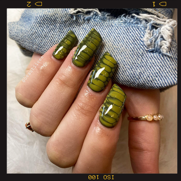 colorful spring floral and checkered lipstick nails, green snakeskin lipstick nails