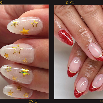 two hands with red and gold nail art for chinese new year