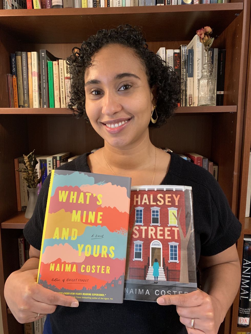author naima coster with her two books 'halsey street' and 'what's mine and yours'