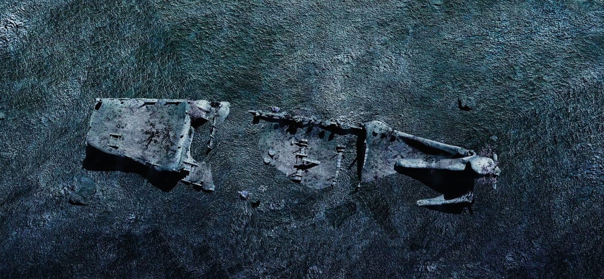 Op deze tekening is het wrak van de jonk Nanhai Nr 1 in het slib op de zeebodem uitgebeeld voordat het schip werd gelicht