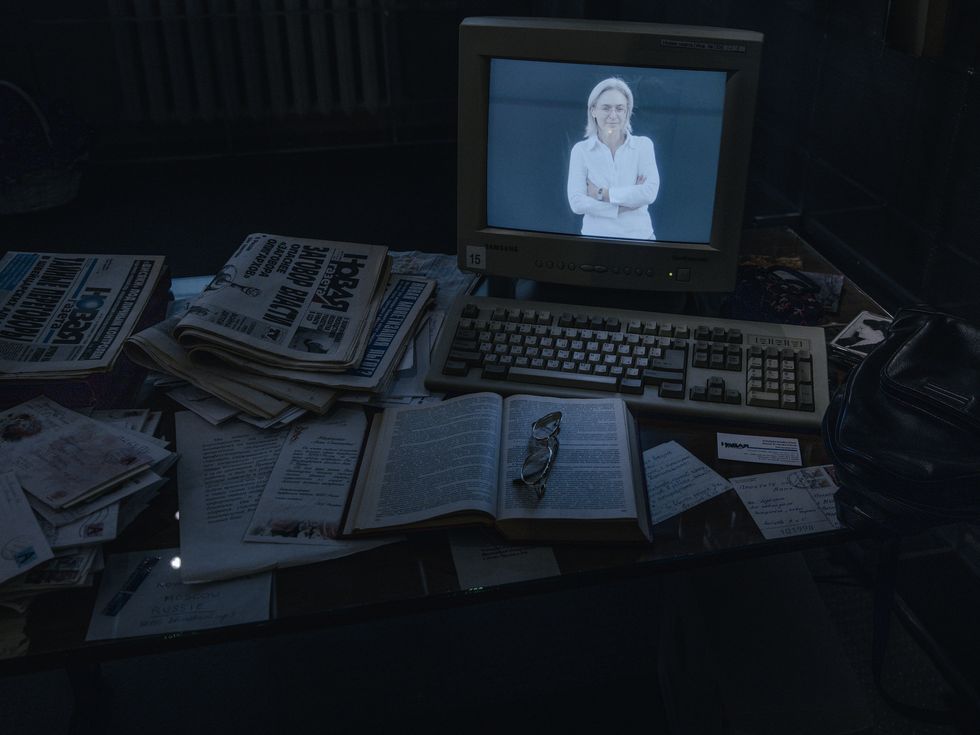 desk of anna politkovskaya at novaya gazeta with her personal belongings, recreated as a memory museum to the journalist