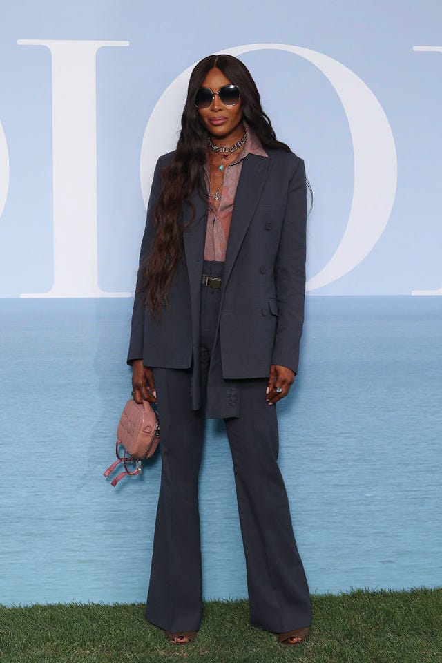 Naomi Campbell Wears a Purple Tropical Print Suit in Paris