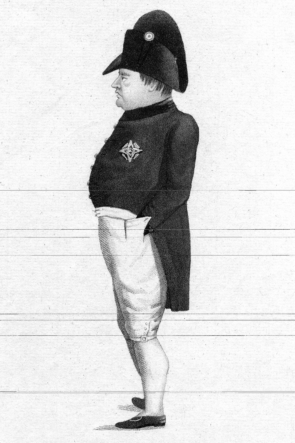 drawing of napoleon bonaparte standing in profile wearing a large hat, coat with tails and knee length pants