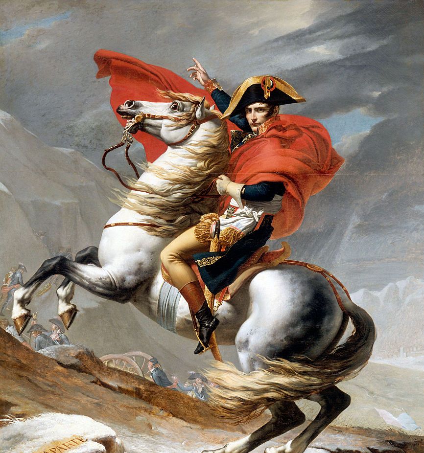 napoleon rides a bucking horse and points on finger in the air, he wears a military uniform including a hat and red cape