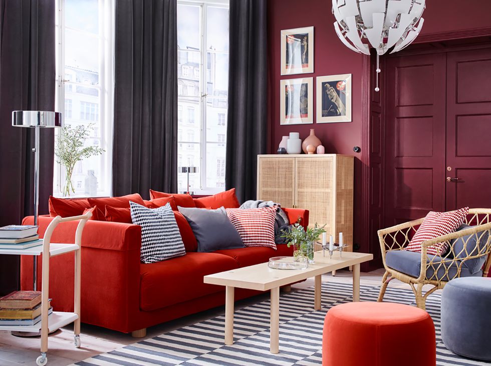 Living room, Furniture, Room, Red, Interior design, Couch, Coffee table, Orange, Curtain, Home, 