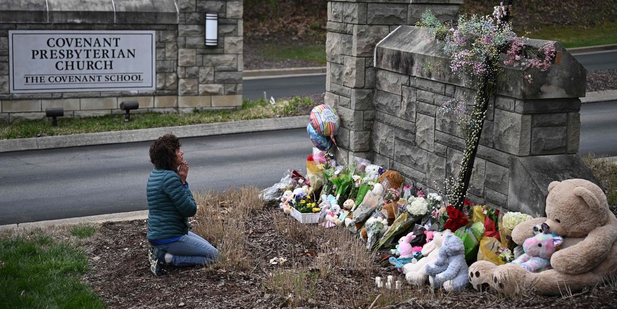 robin wolfenden prays at a makeshift memorial for victims outside the covenant school building at the covenant presbyterian church following a shooting, in nashville, tennessee, on march 28, 2023 a heavily armed former student killed three young children and three staff in what appeared to be a carefully planned attack at a private elementary school in nashville on march 27, before being shot dead by police chief of police john drake named the suspect as audrey hale, 28, who the officer later said identified as transgender photo by brendan smialowski afp photo by brendan smialowskiafp via getty images