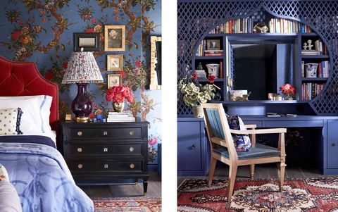 Furniture, Blue, Room, Bedroom, Interior design, Red, Living room, Wall, Bed, Home, 