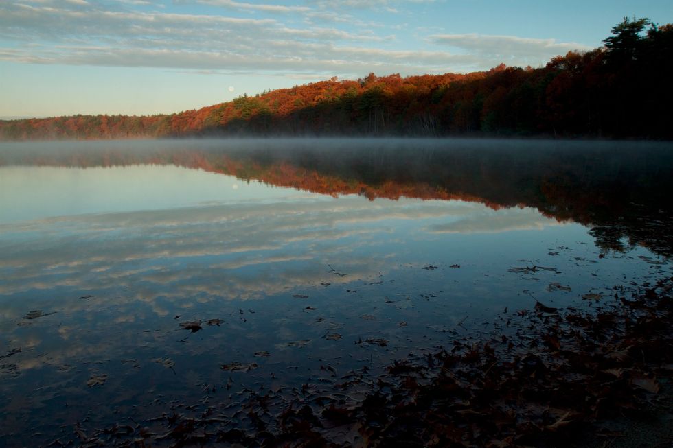 Op een herfstochtend stijgt mist op uit Walden Pond in de staat Massachusetts