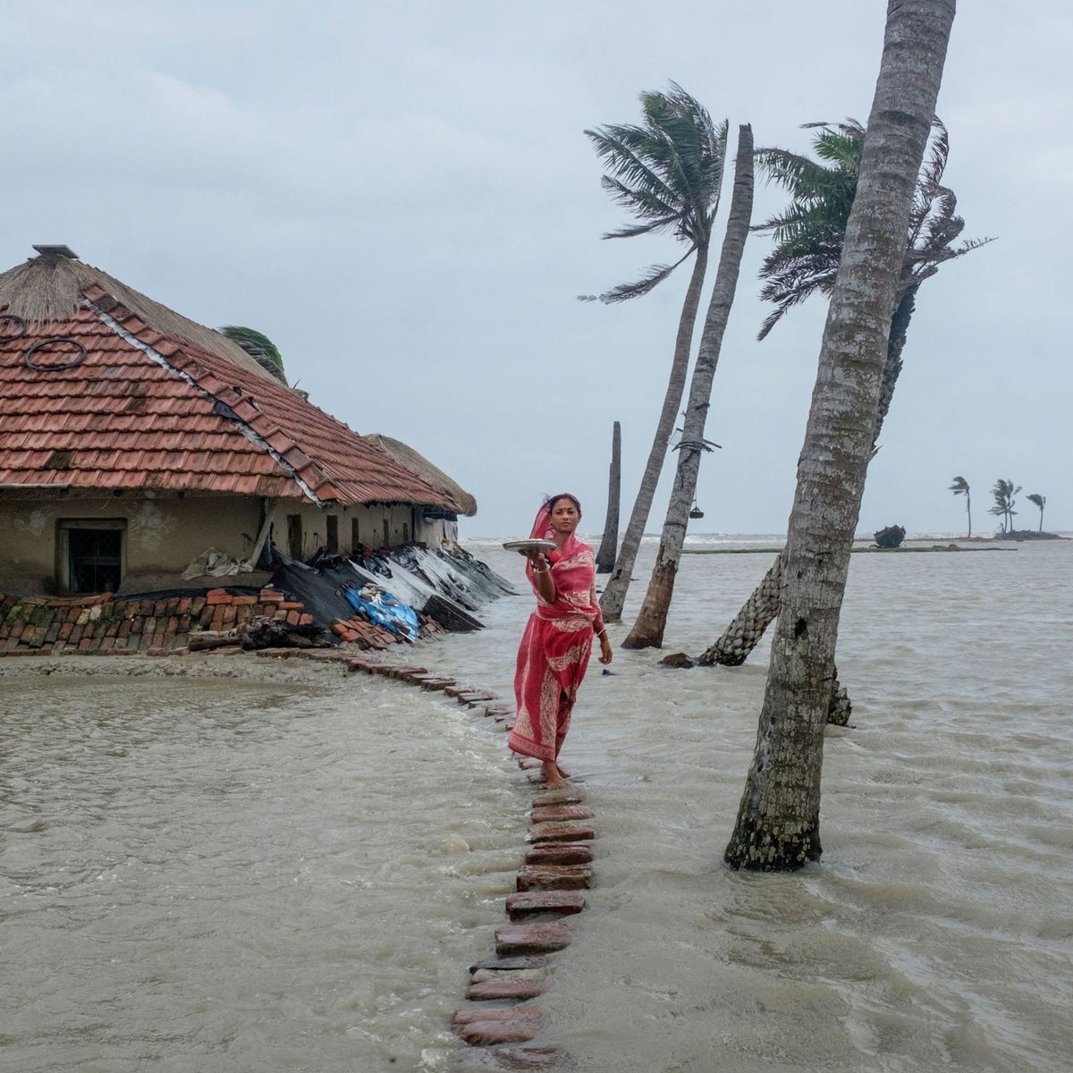Op het Indiase eiland Sagar loopt Sandhya Rana door haar ondergelopen dorp Zoals veel inwoners van India en Bangladesh in het kustgebied aan de Golf van Bengalen hebben haar familieleden grote moeite zich aan de veranderende omstandigheden aan te passen Wat het volgende normaal ook wordt wij zullen ons eraan moeten aanpassen want andersom zal dat niet gebeuren
