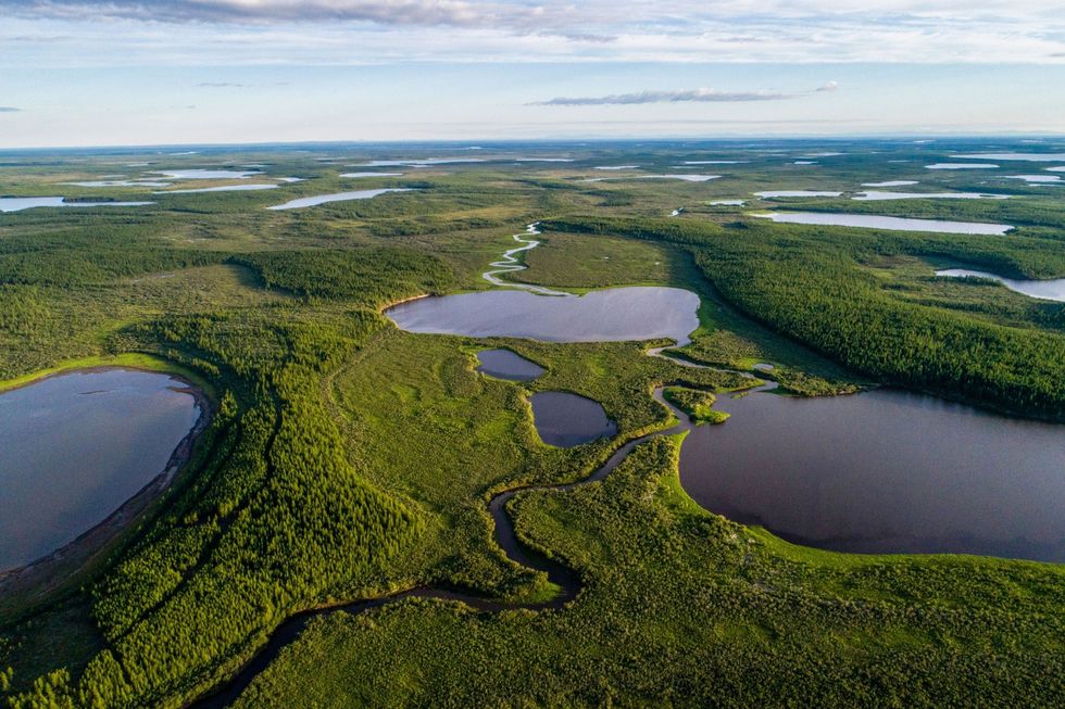 Op deze luchtfoto is te zien hoe blauwe meren in het hoge noorden van Rusland worden omlijst door het weelderige groen van het Pleistocene Park