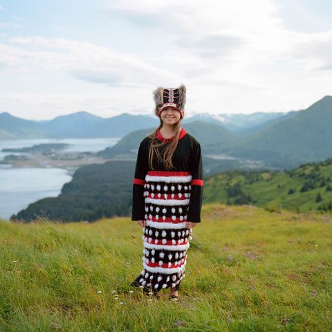 bayley rowland, 13, pictured in her traditional kodiak alutiiq dance regalia she wore to receive her ancestor's remains in pennsylvania