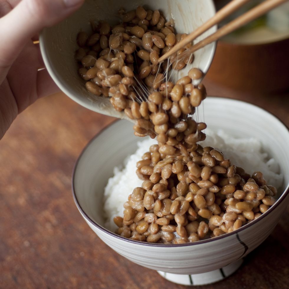 Natto on the rice, chopsticks