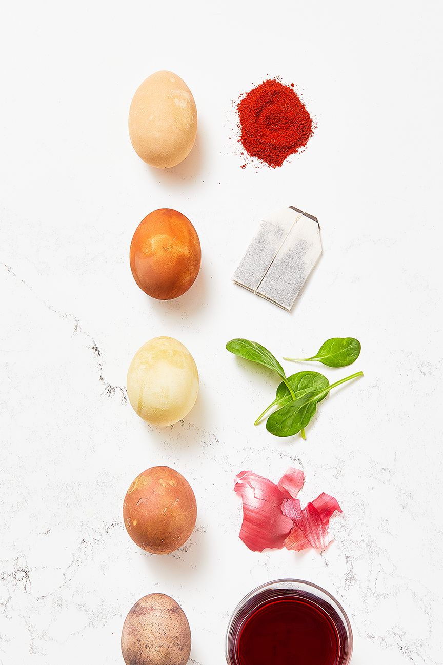 homemade easter eggs dyed with natural ingredients including onion skins and paprika