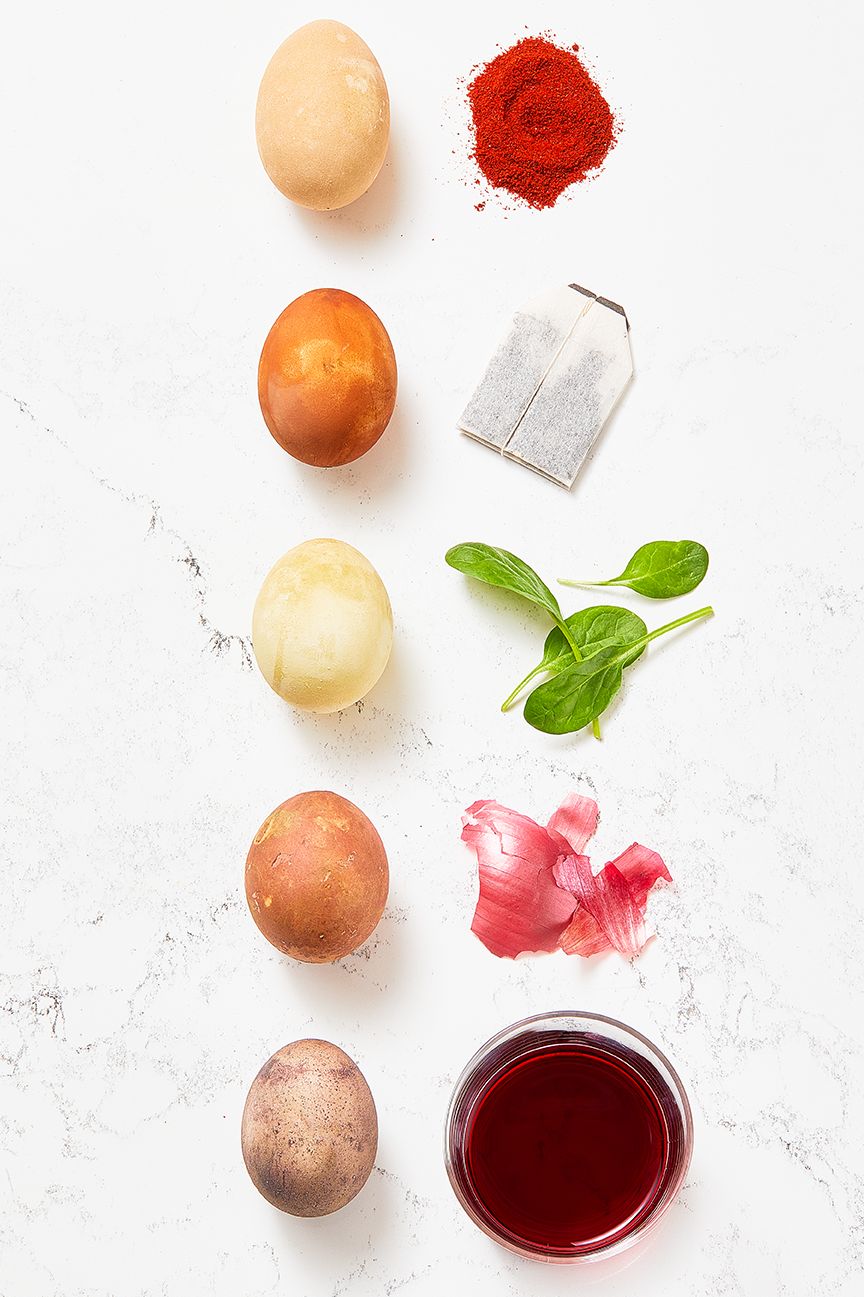 homemade easter eggs dyed with natural ingredients including onion skins and paprika