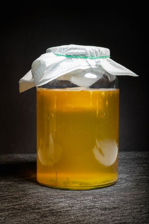 Natural Kombucha Fermented Tea Beverage Healthy Organic Drink In Vintage Glass. Superfood Pro Biotic