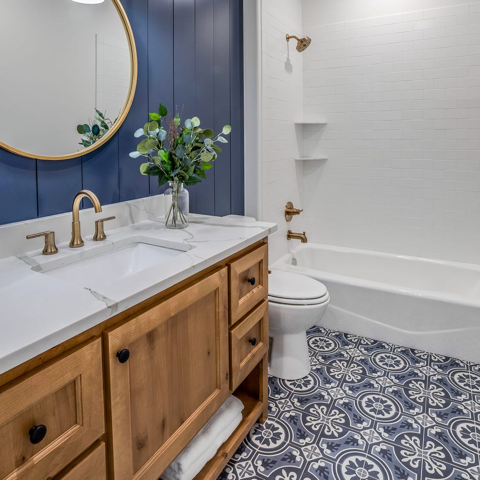 natural wood vanity in new bathroom