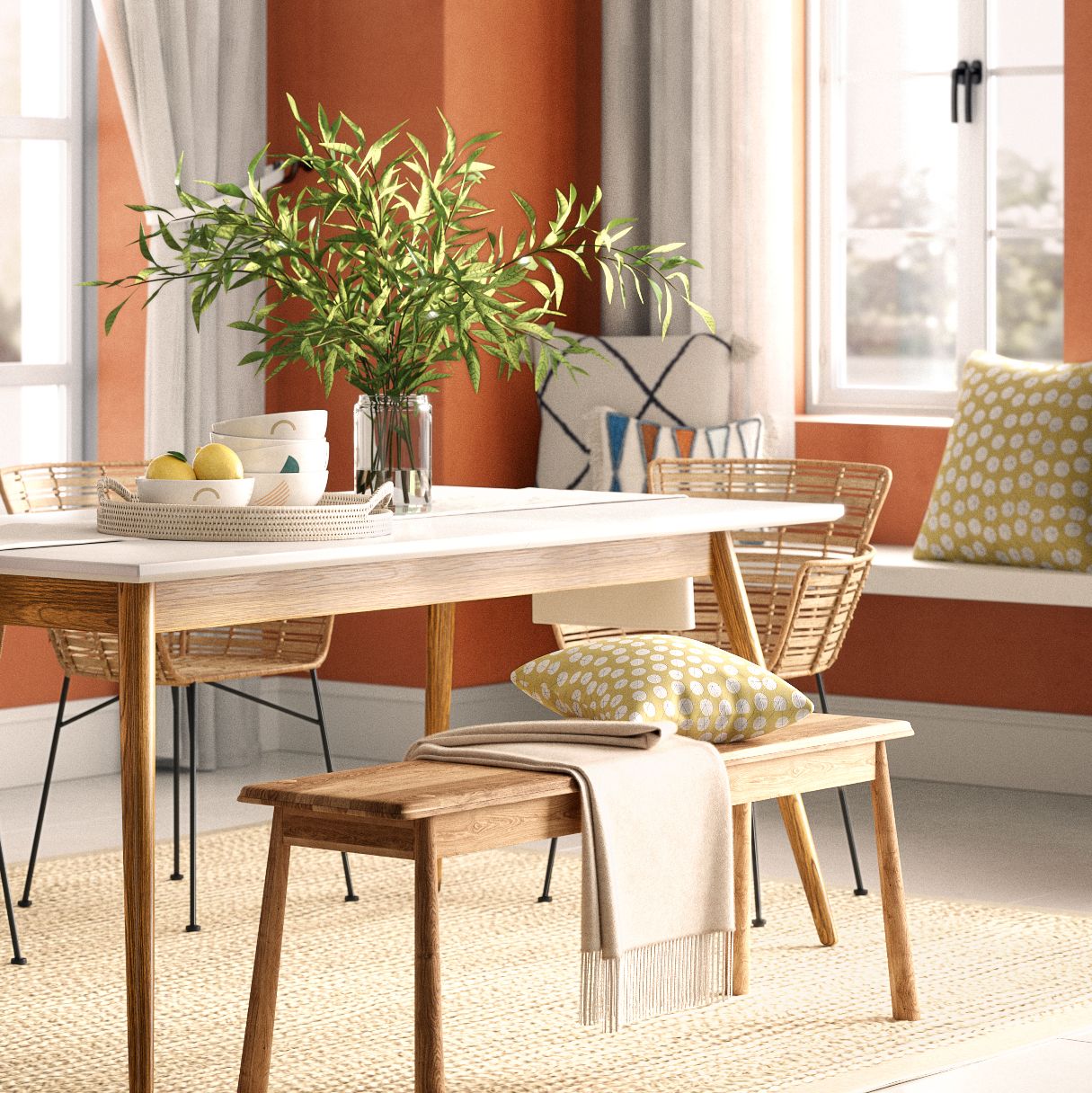 dining room with orange walls, wooden furniture and a nature inspired theme