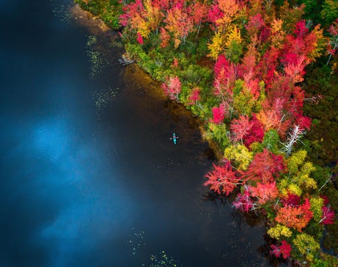 Een kajakker geniet van het hoogtepunt van de herfstpracht rond het Chocorua Lake in New Hampshire