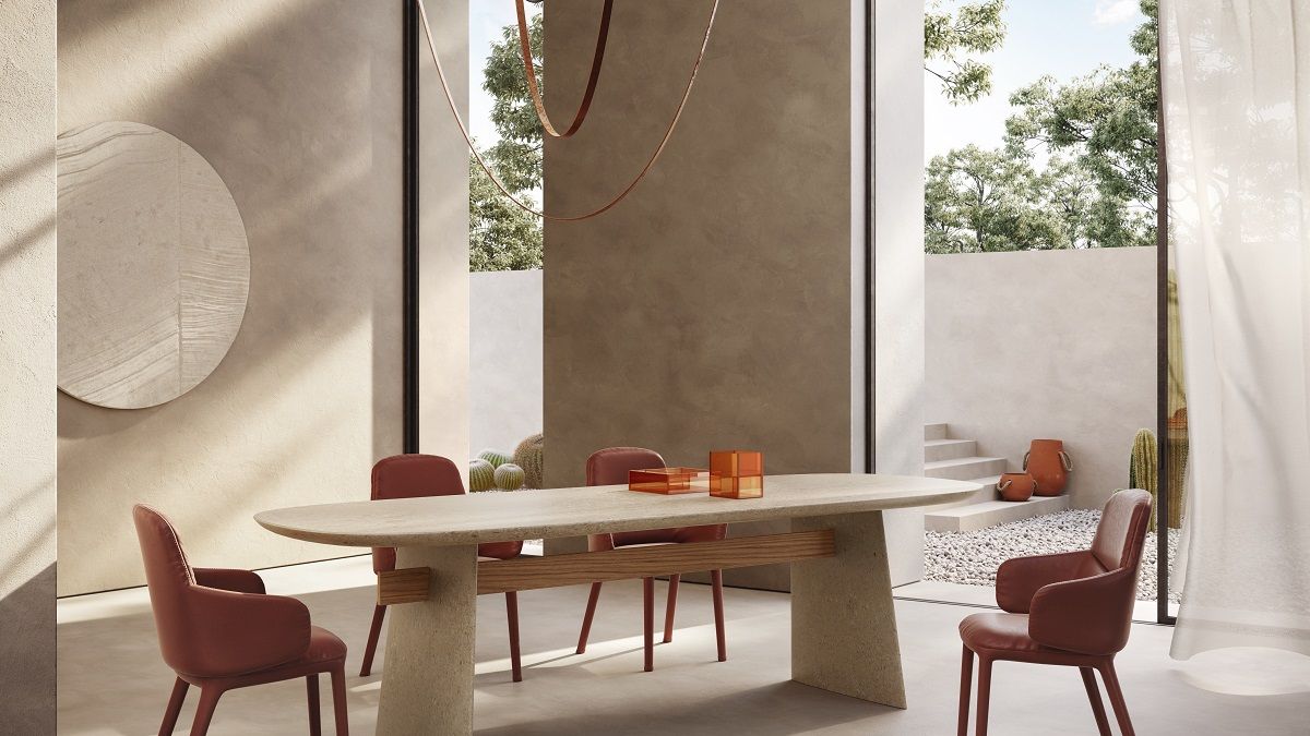 Design contemporaneo dell'interno della sala da pranzo con tavolo