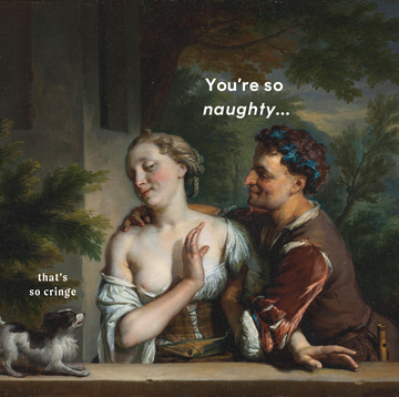 renaissance style painting of a man saying "you're so naughty" attempting to embrace an uninterested woman saying "that's so cringe"