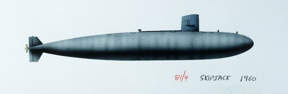 united states navy submarine uss skipjack, 1958, color illustration